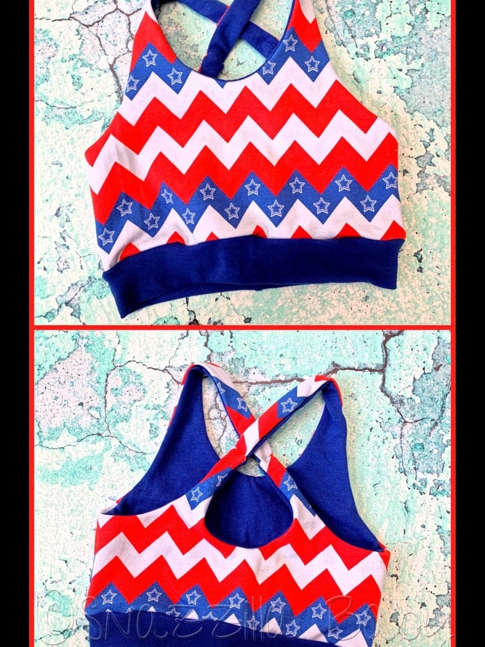 Kids' 8 Red, White & Blue Chevron Star Sports Bra/Crop Top